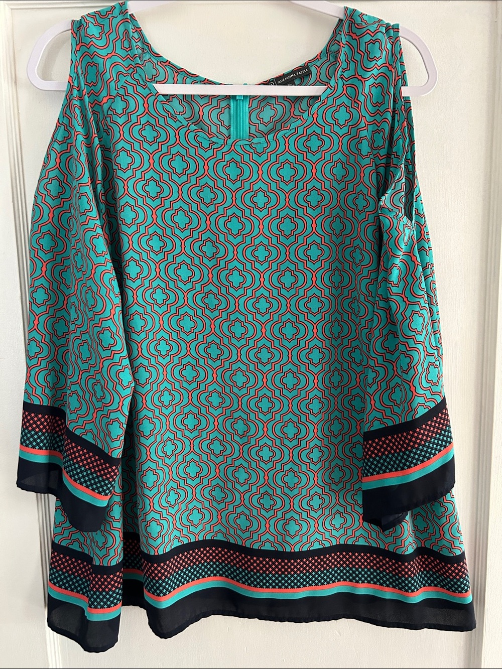 Adrianna Papell Teal Geometric Cold-Shoulder Blouse - Picture 1 of 3